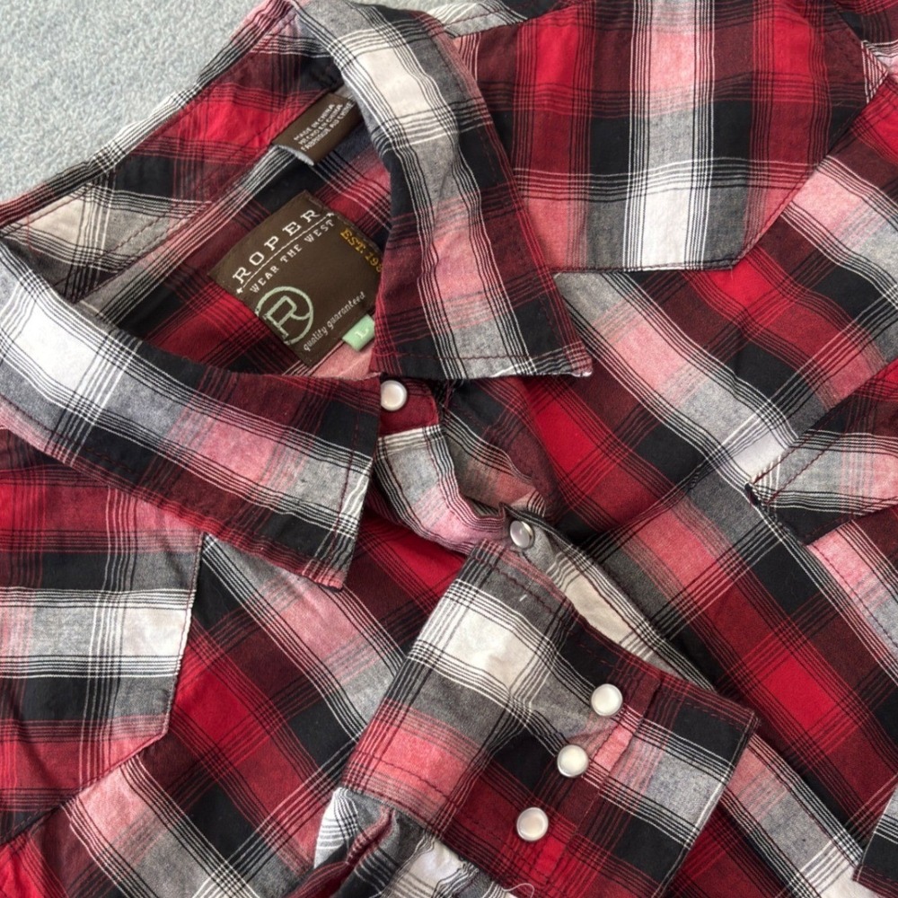 Roper Womens Red Black Plaid Western Pearl Snap Long Sleeve Shirt Large